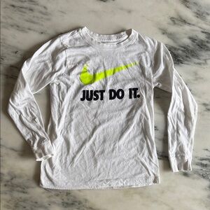 Nike White and Neon Green Long Sleeve Kids Tee